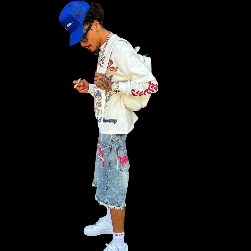 Graffiti Jorts Rhinestone Distressed Printed