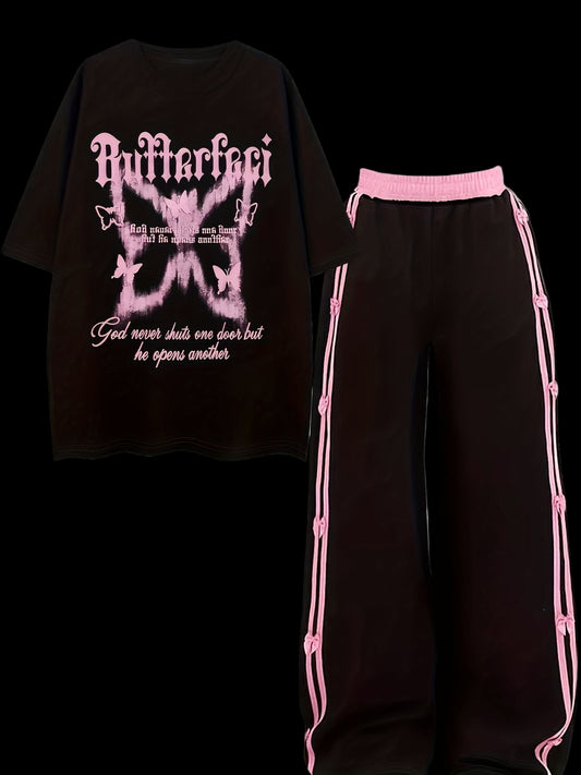 Butterfly Print Short Sleeve T-Shirt with Pants Waist Contrast