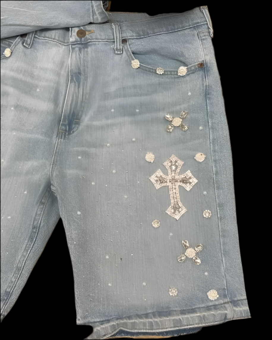 Diamond Cross Embroidery Denim Shorts