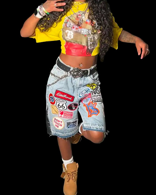 Patchwork Denim Short Cartoon Pattern
