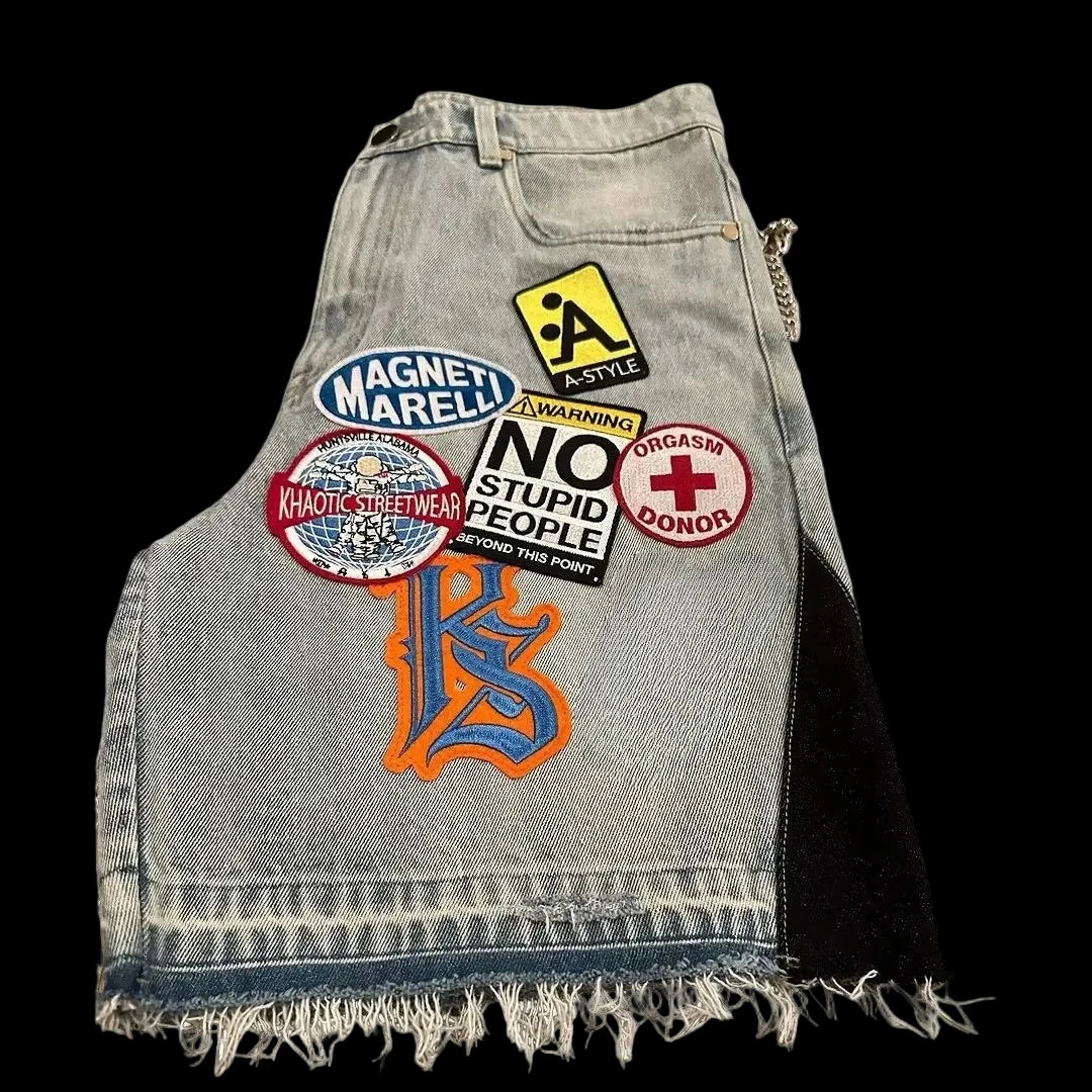 Patchwork Denim Short Cartoon Pattern